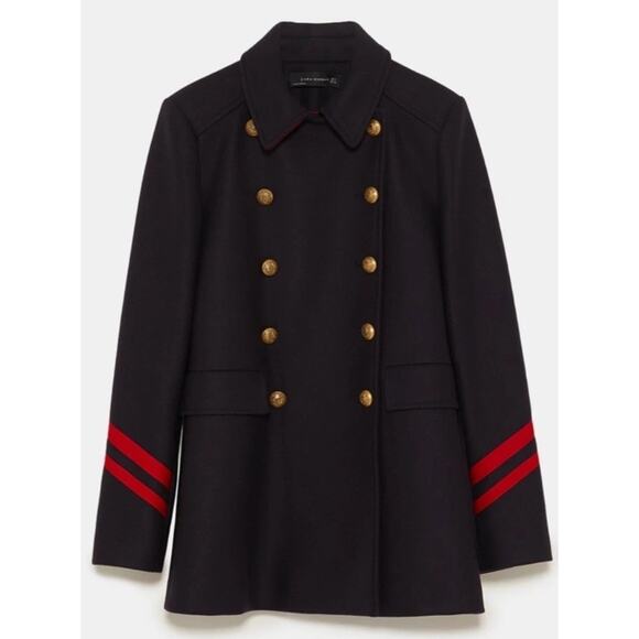 Zara Black Double-Breasted Coat with Red Accents - Picture 8 of 12